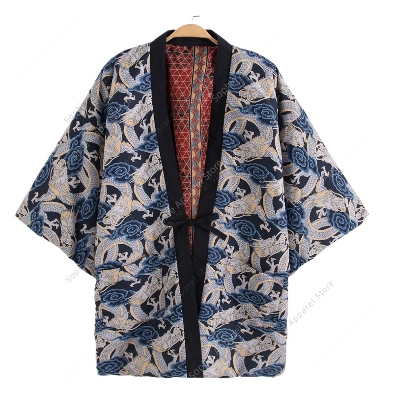 Traditional Winter Japanese Clothing - Cappotto Hanten con stampa drago giapponese